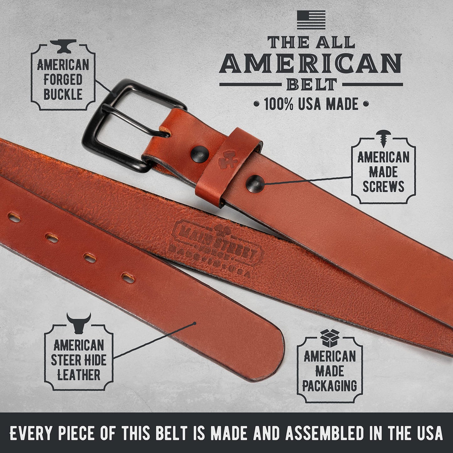 Main Street Forge All American Leather Belt | Made in USA | Men's Heavy Duty Work Belt | Brn-42