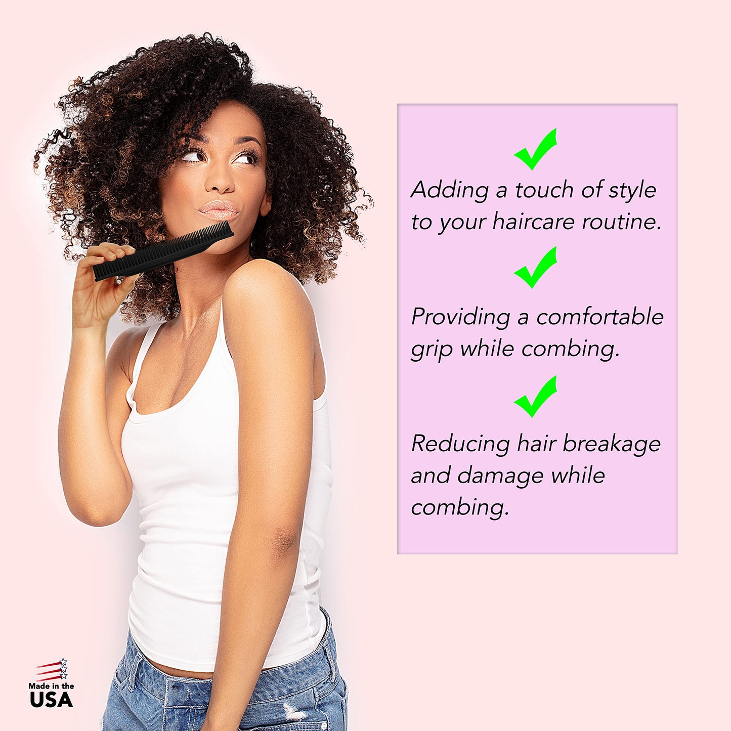 Allegro Combs 3-Row Detangling Comb #70 for Women's Curly Hair, Curl Defining, Wide Tooth, Made in USA, 1 Piece (Black)