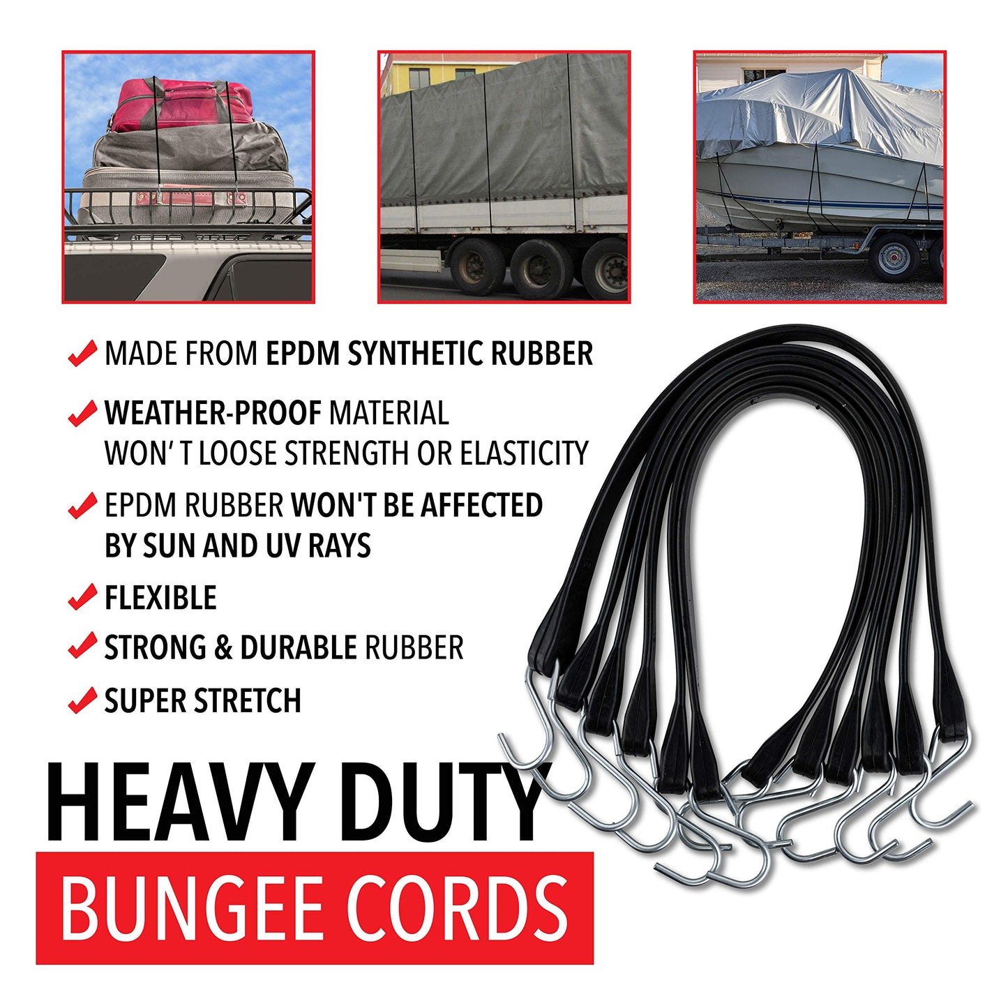Miloo Rubber Bungee Cords with Hooks - Heavy Duty Tarp and Cargo Straps - Made in USA - 10 Inch Pack of 10