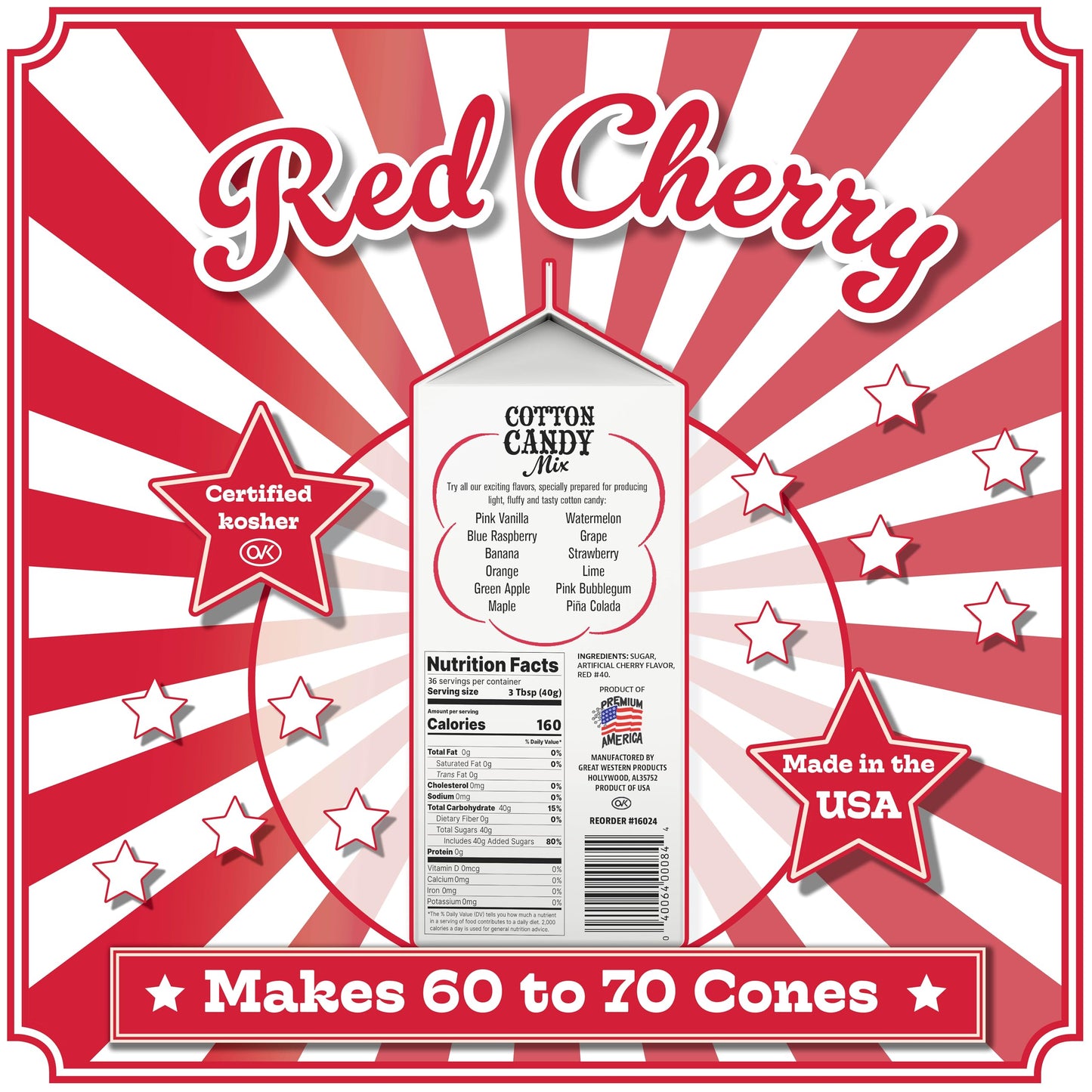 Premium America Red Cherry Cotton Candy Floss Sugar Carnival-Style Fluffy Fun, Pre-Mixed & Ready to Use for Parties, Events & Festivals 3.25 lb Cartons Case of 3