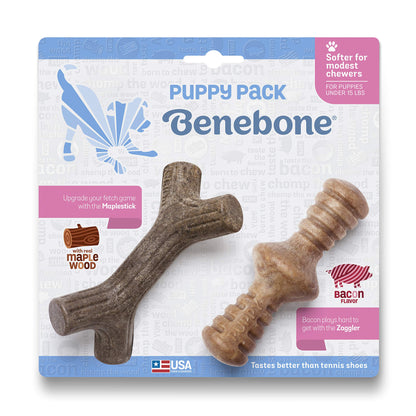 Benebone Puppy 2-Pack Maplestick/Zaggler Durable Dog Chew Toys for Gentle Chewers, Real Bacon, Real Maplewood, Made in USA, Tiny