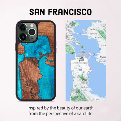 Carved - Designed for iPhone 13 PRO MAX | Burl Wood & Resin Traveler Case | MagSafe Compatible Magnet | One-of-A-Kind Inlay | Made in USA | Map of San Francisco