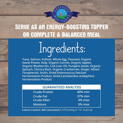 Shepherd Boy Farms Freeze Dried Raw Dog Food (Fish Medley Recipe), All Natural Food, 14 oz Bag, Freeze-Dried Dog Food, Made in USA with Organic Produce, High in Protein, Food Topper or Complete Meal