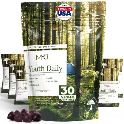 MYCL Youth Daily Vitamin Mushroom Gummies | 500mg Fruiting Body Mushrooms – Cordyceps, Reishi, Lion’s Mane, Turkey Tail & Chaga | Immune & Focus Support | PB & Jam Flavor, 30 Servings (5-Gummy Packs)