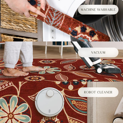 Maples Rugs Reggie Floral Runner Rug - Made in USA - Washable, Non Slip Indoor Carpet for Kitchen, Hallway, and Laundry Room, 1'8 x 5, Merlot
