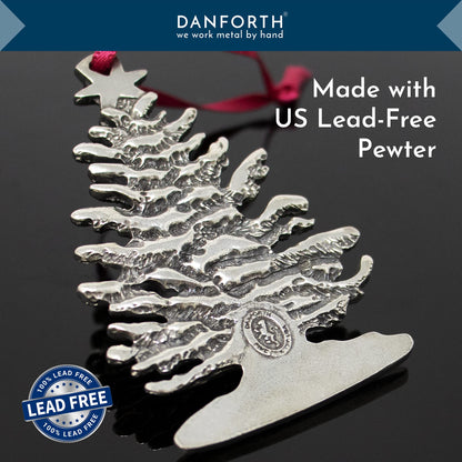 Danforth Snowy Christmas Tree Ornament (Gold Star) – Handcrafted Pewter Christmas Ornament – Satin Ribbon, 2 5/8” by 1 11/16”, Made in USA