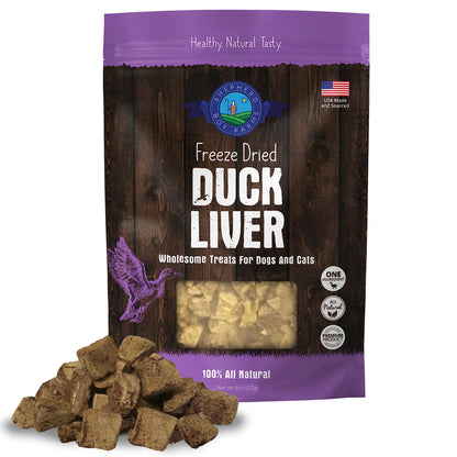 Shepherd Boy Farms Freeze Dried Dog and Cat Treats, Duck Liver, All Natural Single Ingredient Freeze-Dried Dog Treat & Snacks, Made in USA, High Protein, Essential Nutrition of Raw Food, 8oz