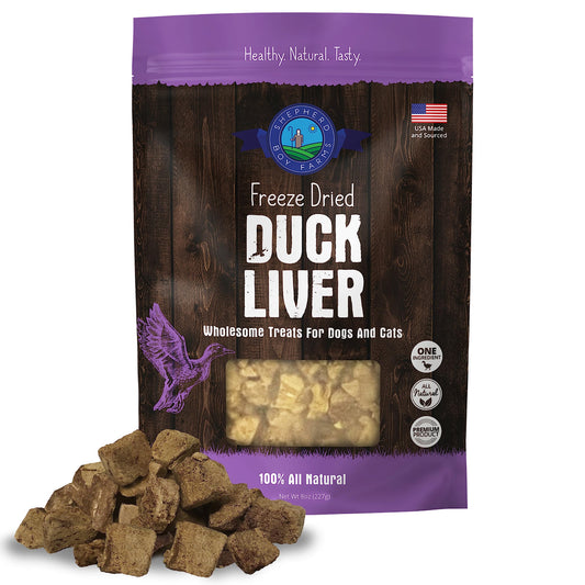 Shepherd Boy Farms Freeze Dried Dog and Cat Treats, Duck Liver, All Natural Single Ingredient Freeze-Dried Dog Treat & Snacks, Made in USA, High Protein, Essential Nutrition of Raw Food, 8oz