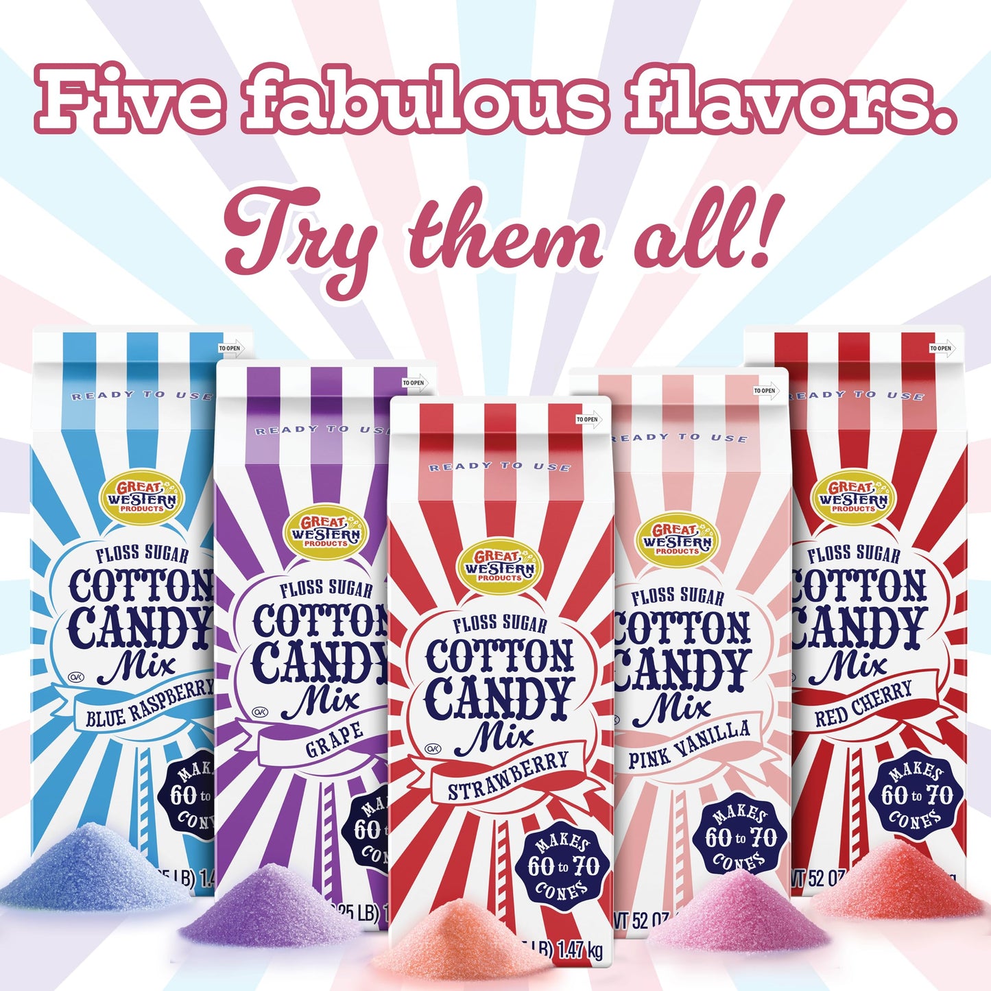 Premium America Variety Pack Blue Raspberry, Pink Vanilla, Grape Cotton Candy Floss Sugar Carnival-Style Fluffy Fun, Pre-Mixed & Ready to Use for Parties, Events & Festivals 3.25 lb Cartons Case of 3