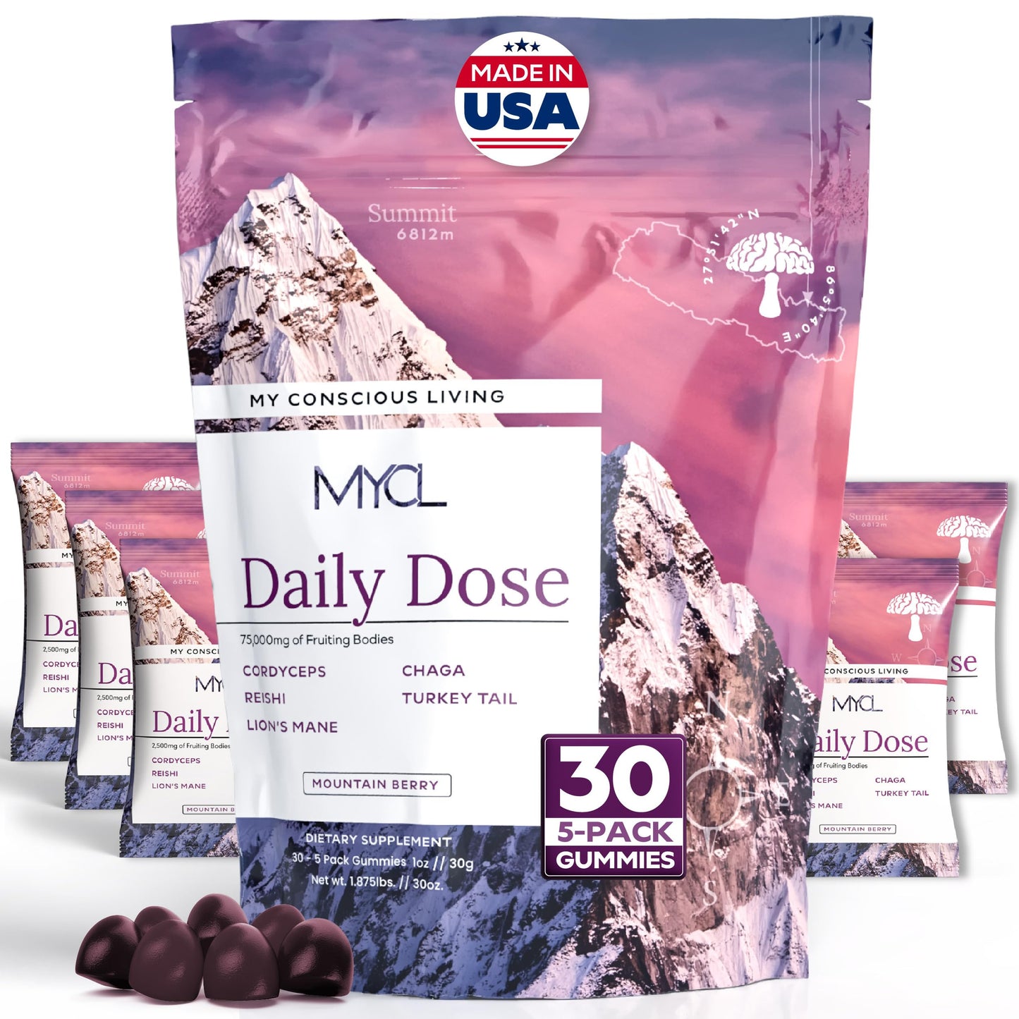 MYCL Adult Multi Vitamin Gummies | 500mg Fruiting Bodies – Cordyceps, Reishi, Lion’s Mane, Turkey Tail & Chaga | Immune & Energy Support | Vegan, Gluten-Free | Berry Flavor, 30 Servings 5 Gummies/Pack