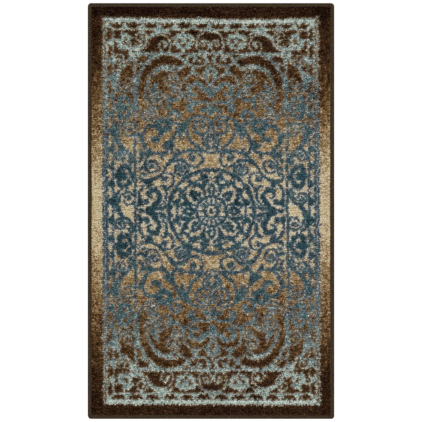 Maples Rugs Pelham Transitional Area Rugs - Made in USA - Washable, Non Slip, Indoor Carpet for Entryway, Foyer, Kitchen, and Bathroom, 1'8 x 2'10, Blue/Walnut