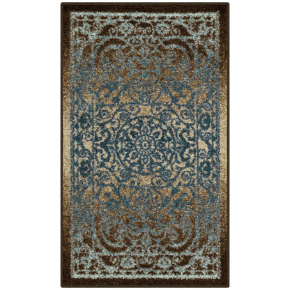 Maples Rugs Pelham Transitional Area Rugs - Made in USA - Washable, Non Slip, Indoor Carpet for Entryway, Foyer, Kitchen, and Bathroom, 1'8 x 2'10, Blue/Walnut