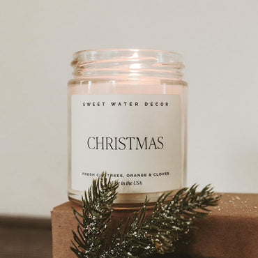 Sweet Water Decor Christmas Candle | Cinnamon, Trees, Orange, and Clove Scents | Christmas Candles and Decor for Home | 9oz. Clear Jar Soy Candle, Made in The USA