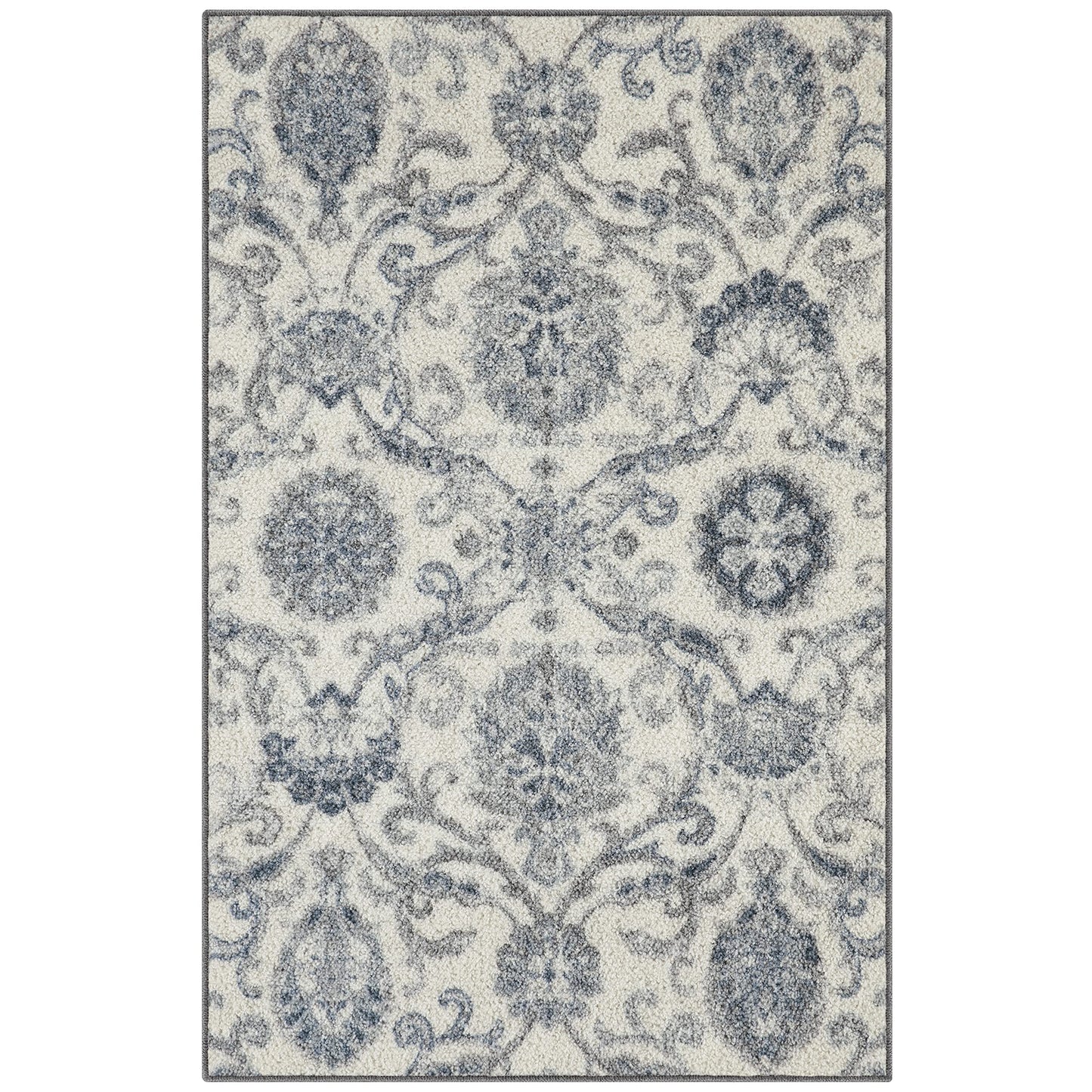 Maples Rugs Blooming Damask Kitchen Rugs Non Skid Accent Area Floor Mat [Made in USA], 2'6 x 3'10, Grey/Blue