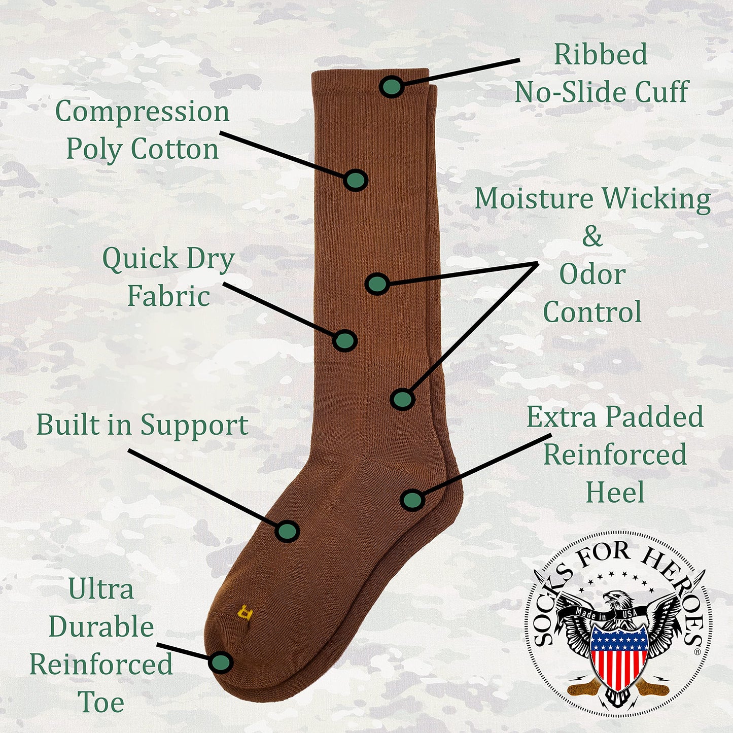 SOCKS FOR HEROES Coyote Brown Moisture Wicking Socks for Boots | Every Pair Gives A Pair | Breathable Over The Calf Foot Socks | Made in the USA
