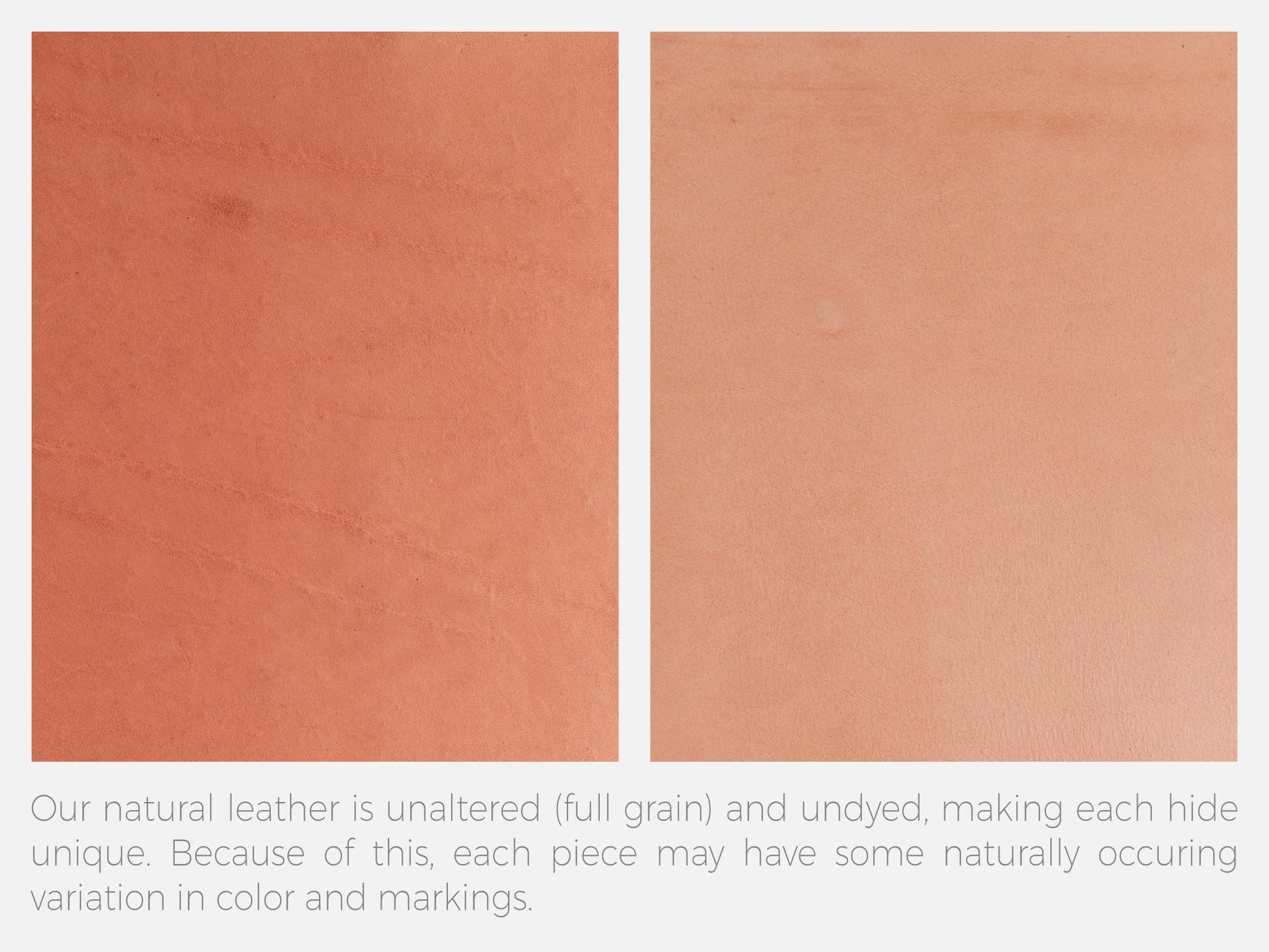 Two side-by-side close-up images of natural, undyed full-grain leather showing subtle differences in color and texture. The leather surfaces display organic variations and markings.