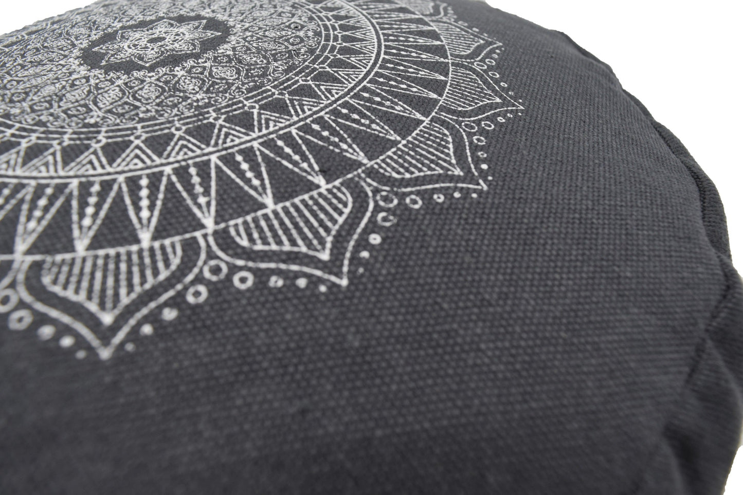 Hemp Zafu meditation cushion organic buckwheat hull fill with mandala design made in USA shaddow grey gray