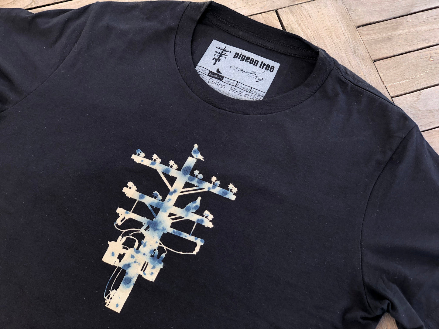 Black and White Pigeon Tree Logo Tee Made in USA T-shirt