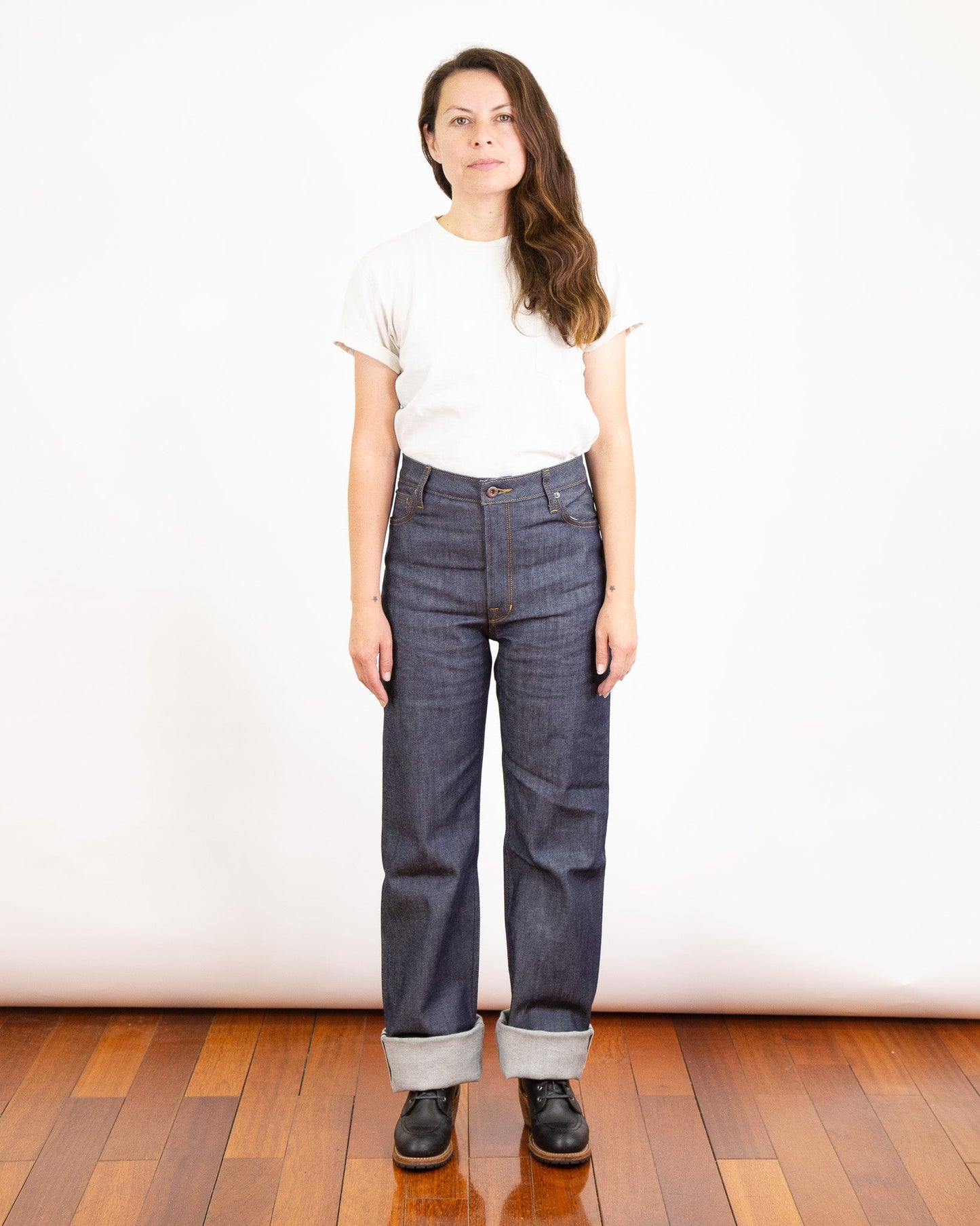Model Photo of Front of Drifter X061 Pure Indigo Jeans