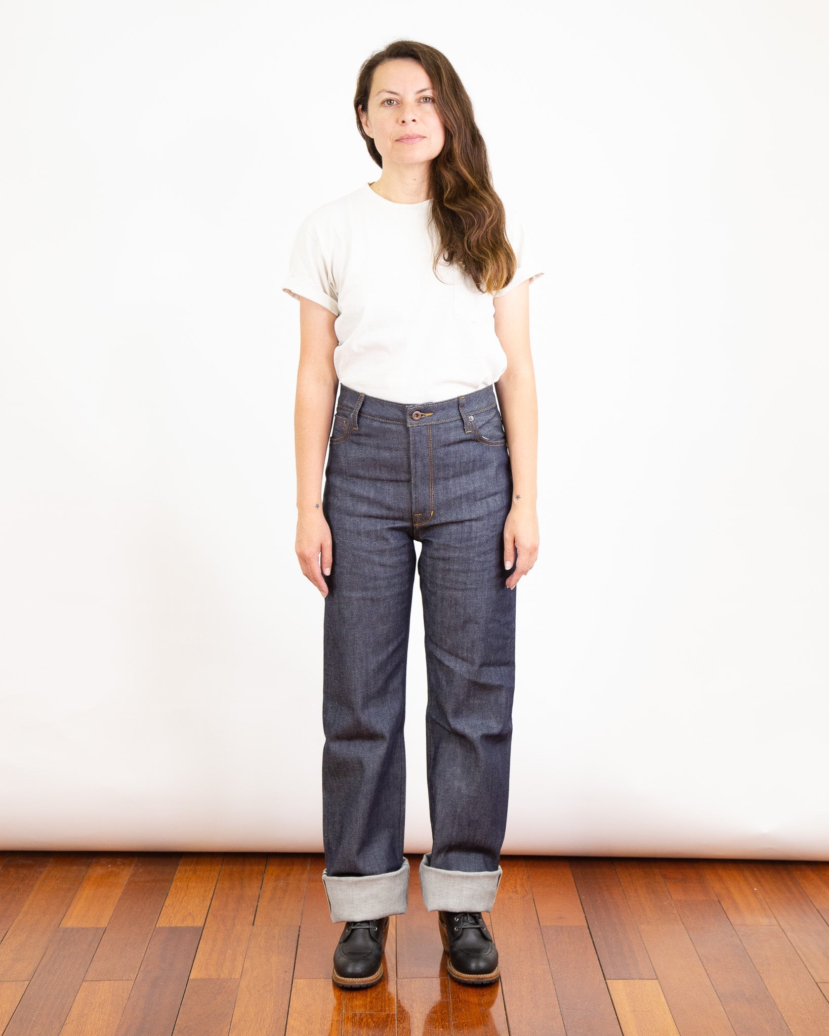 Model Photo of Front of Drifter X061 Pure Indigo Jeans