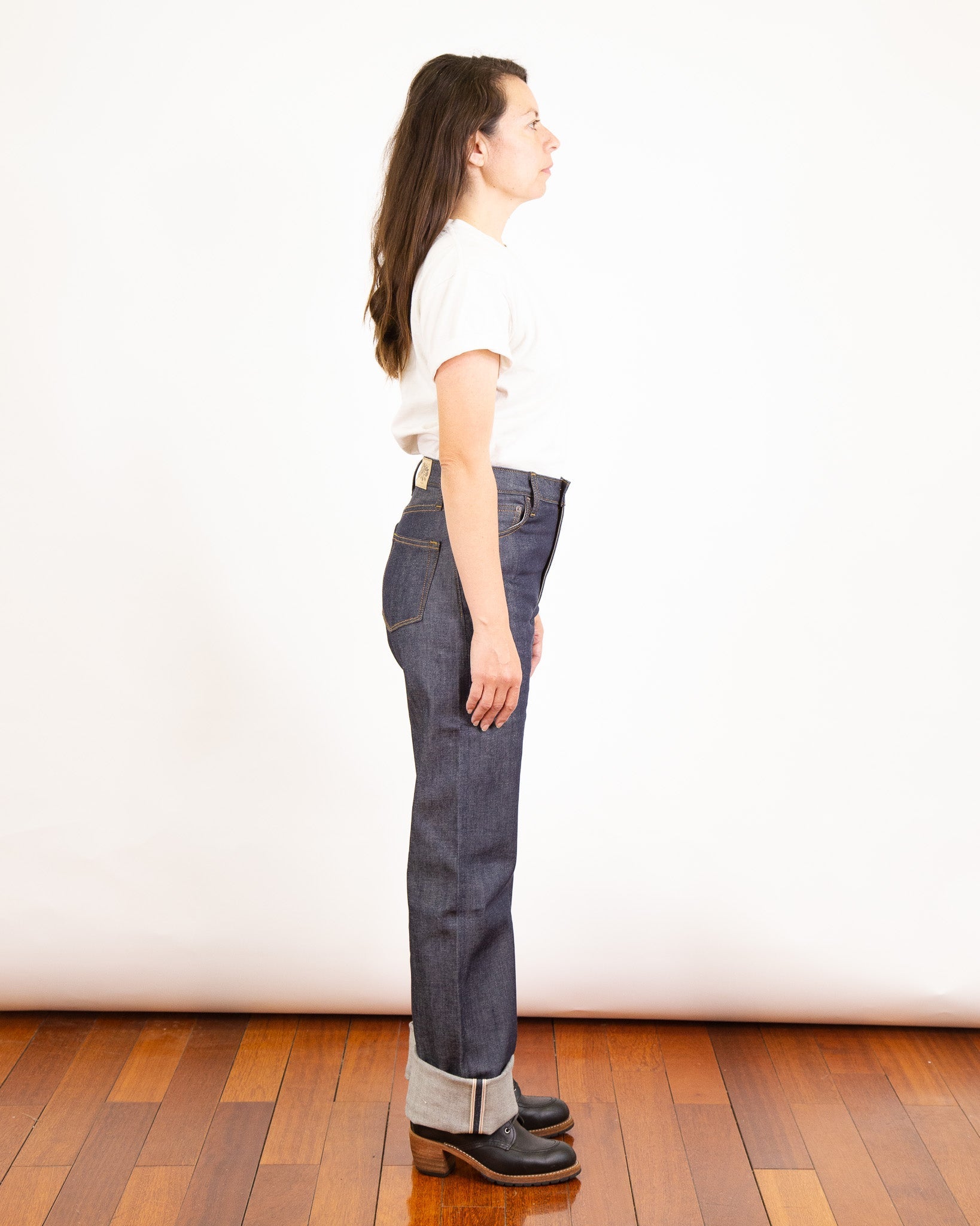 Model Photo of Side of Drifter X061 Pure Indigo Jeans