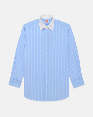 Made-in-USA Thomas Mason Blue & White Stripe Spread Collar French Cuff Dress Shirt - Classic Fit