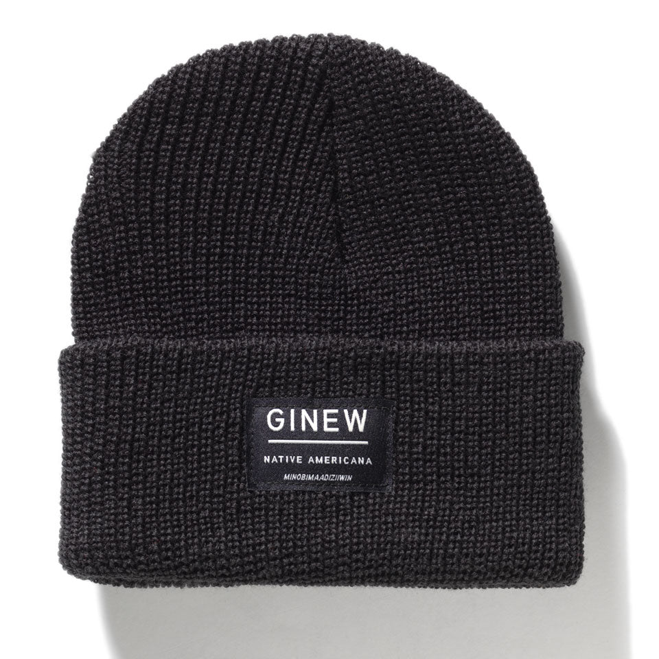 Black merino wool watch cap made in USA with Ginew tag. 