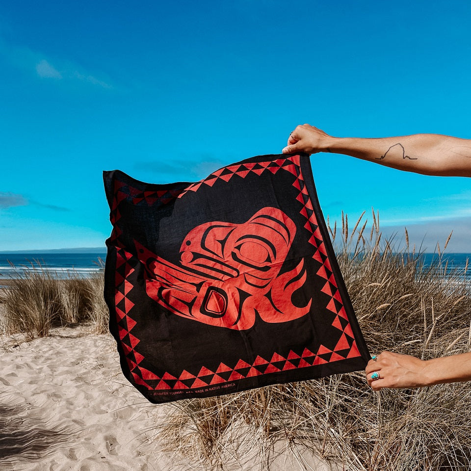 Red and Black cotton bandana with Native American Raven image and text in corner says Made in USA 