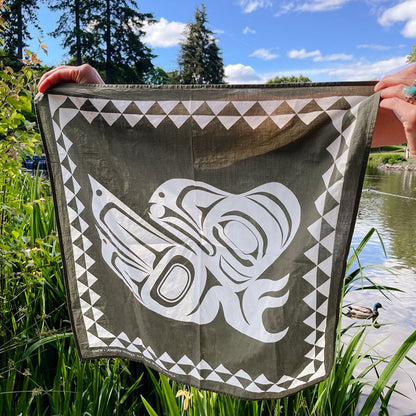 Green and cream Native American designed raven bandana by stream