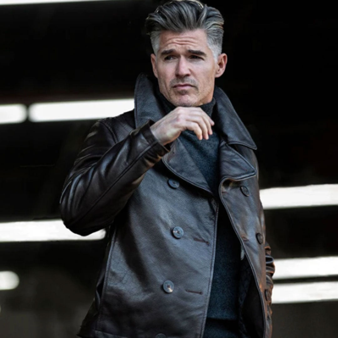 Naval Short Leather Peacoat Z21U025 in Black