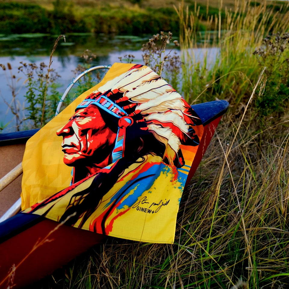 Colorful Sitting Bull profile on colorful bandana wild rag by Steven Paul Judd and Ginew