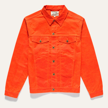 Front of orange Wax Canvas Rider Jacket. Features two front chest and side pockets and custom Ginew hardware (buttons). Jacket on a neutral background.