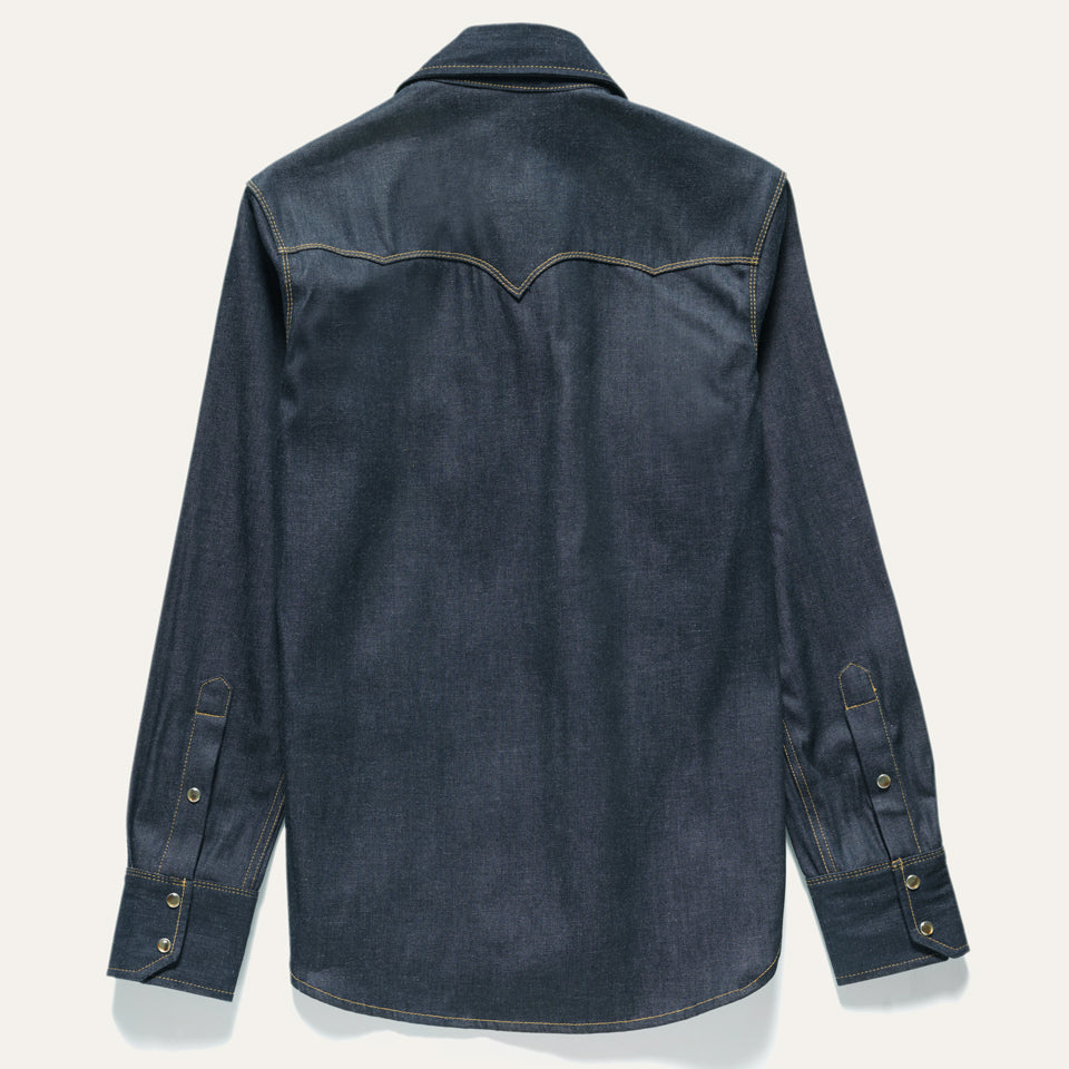 All cotton chambray western snap with faux tortoise shell snaps. Native American Ginew tag inside. 