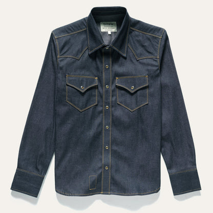 All cotton deadstock chambray western snap with faux tortoise shell snaps. Native American Ginew tag inside. 