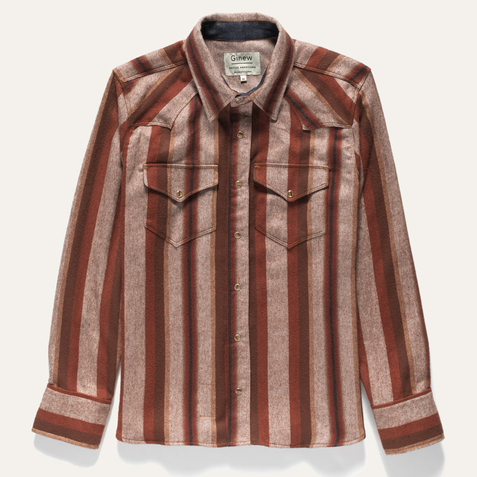 Western Snap Brown stripe flannel shirt front view with two chest pockets