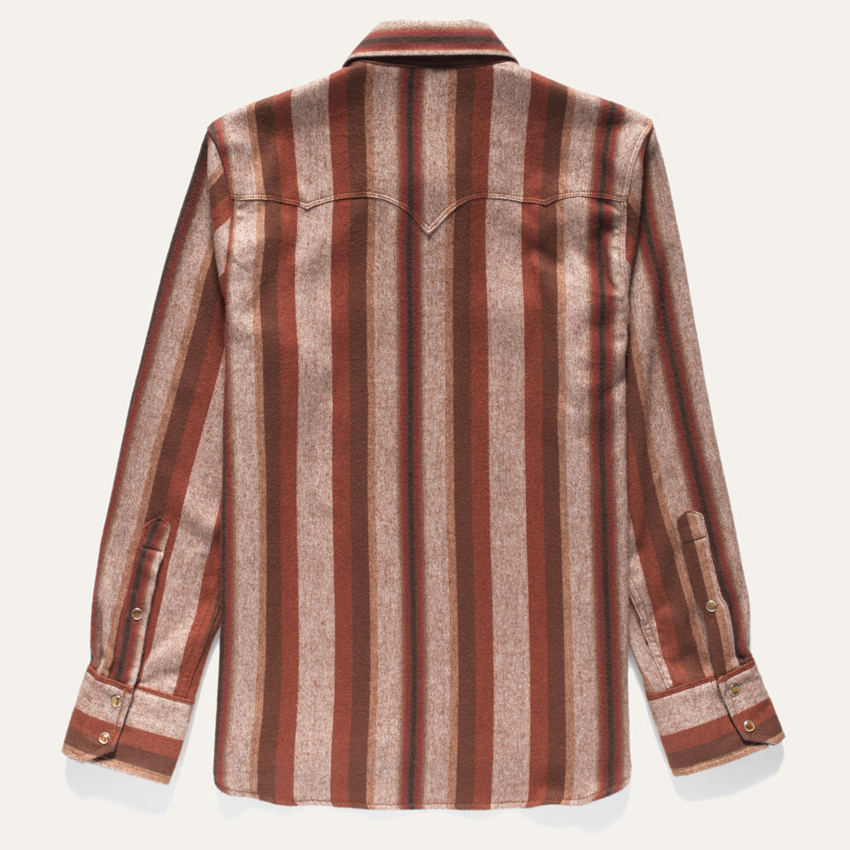 Back of Western style button down shirt in brown stripe and all cotton flannel 