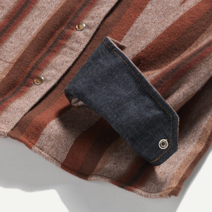 Chambray cuff on brown stripe Western style button down shirt made of all cotton flannel