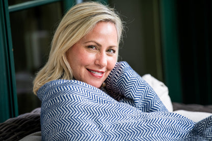 Woman Wearing Throw Throw Size Maritime Navy Blanket Chevron Pattern Soft Wool Made in USA