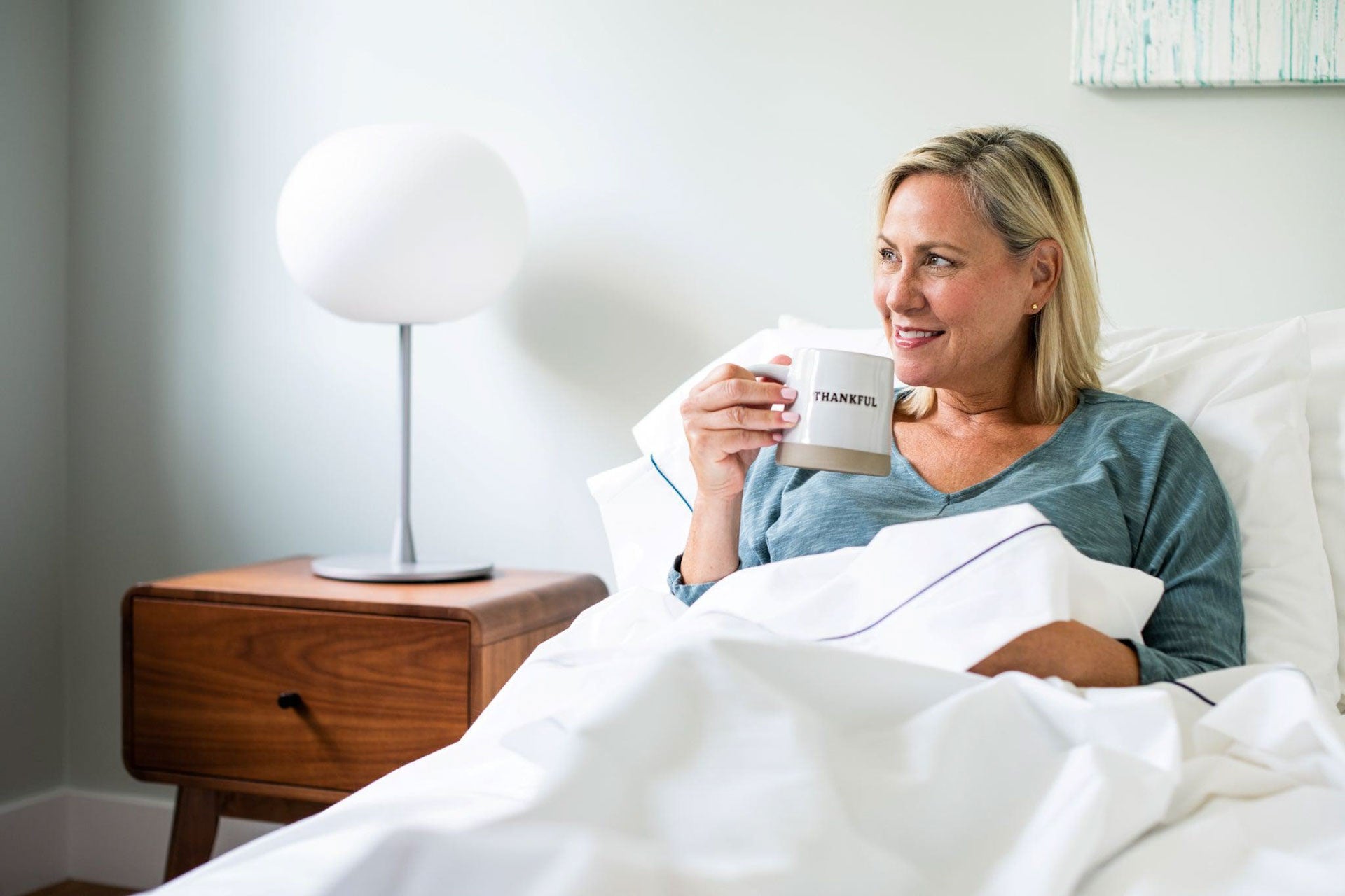 Bed Pillow Cases Covers Classic Blue Piping Design Cotton Made in USA Woman in Bed