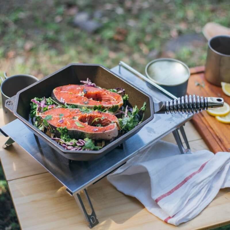 Cast iron grill pan with salmon