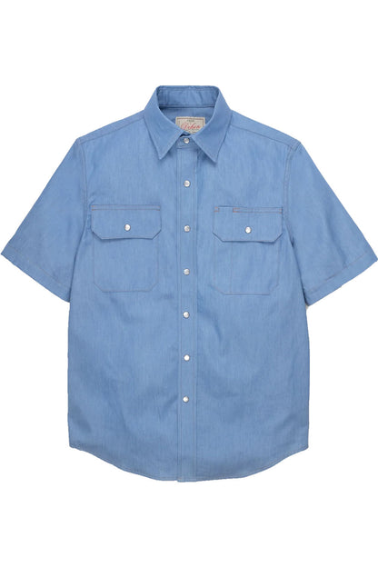 Dehen - Drover SS Shirt - Light Indigo Chambray - Flatlay