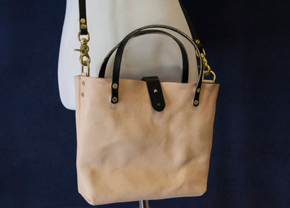 Made to Order - Natural Vegetable Tanned Handbag with Shoulder Strap, Black English Bridle Handles and Solid Brass Hardware Made in USA