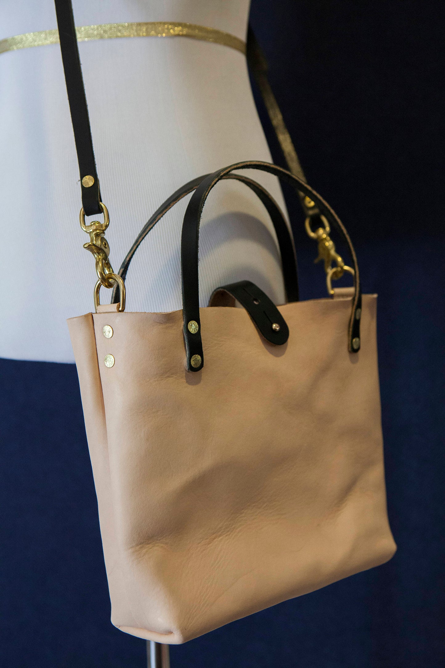 Made to Order - Natural Vegetable Tanned Handbag with Shoulder Strap, Black English Bridle Handles and Solid Brass Hardware Made in USA