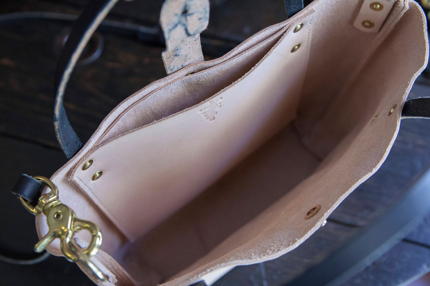 Made to Order - Natural Vegetable Tanned Handbag with Shoulder Strap, Black English Bridle Handles and Solid Brass Hardware Made in USA