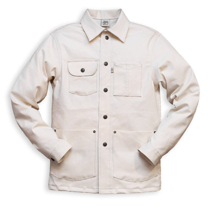A natural seed chore coat with snap buttons, featuring a collar, front pockets, and long sleeves.