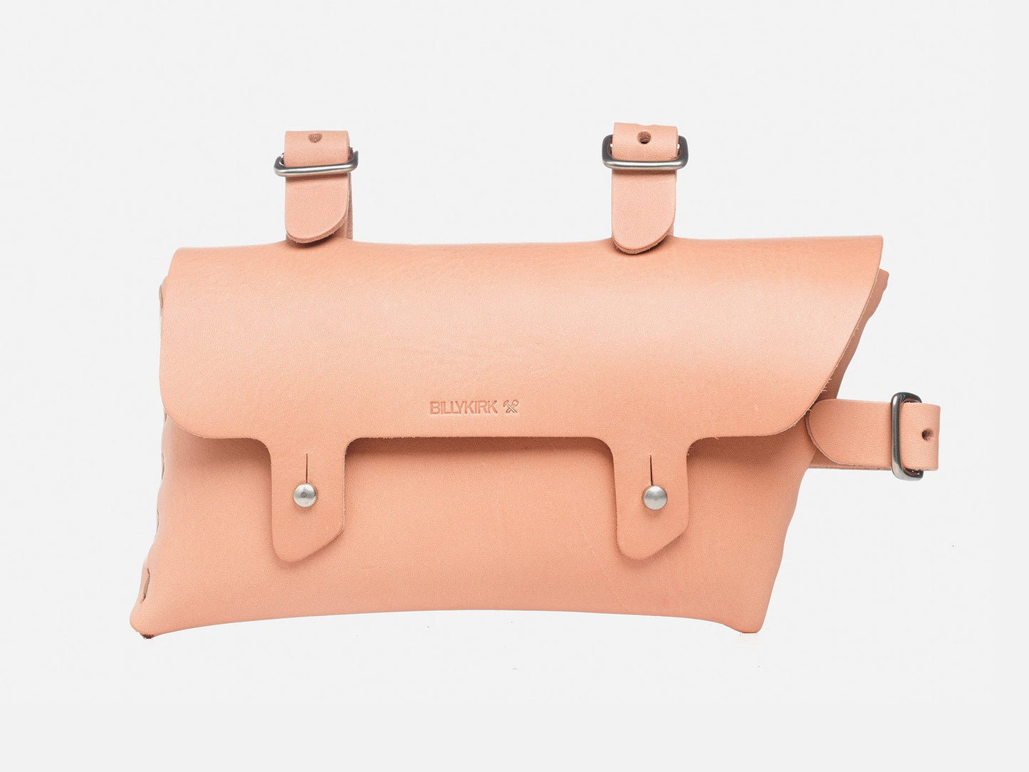 A tan leather bike bag with two buckle straps on the top for attachment, a flap closure secured by two buttons, and the brand name BILLYKIRK 42 embossed on the front.