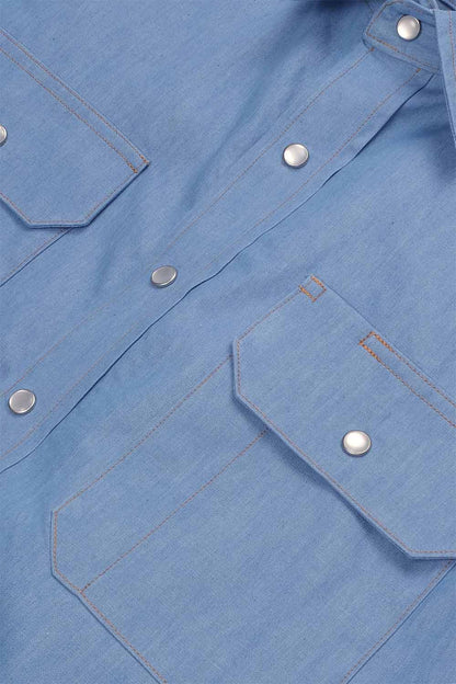 Dehen - Drover SS Shirt - Light Indigo Chambray - Detail