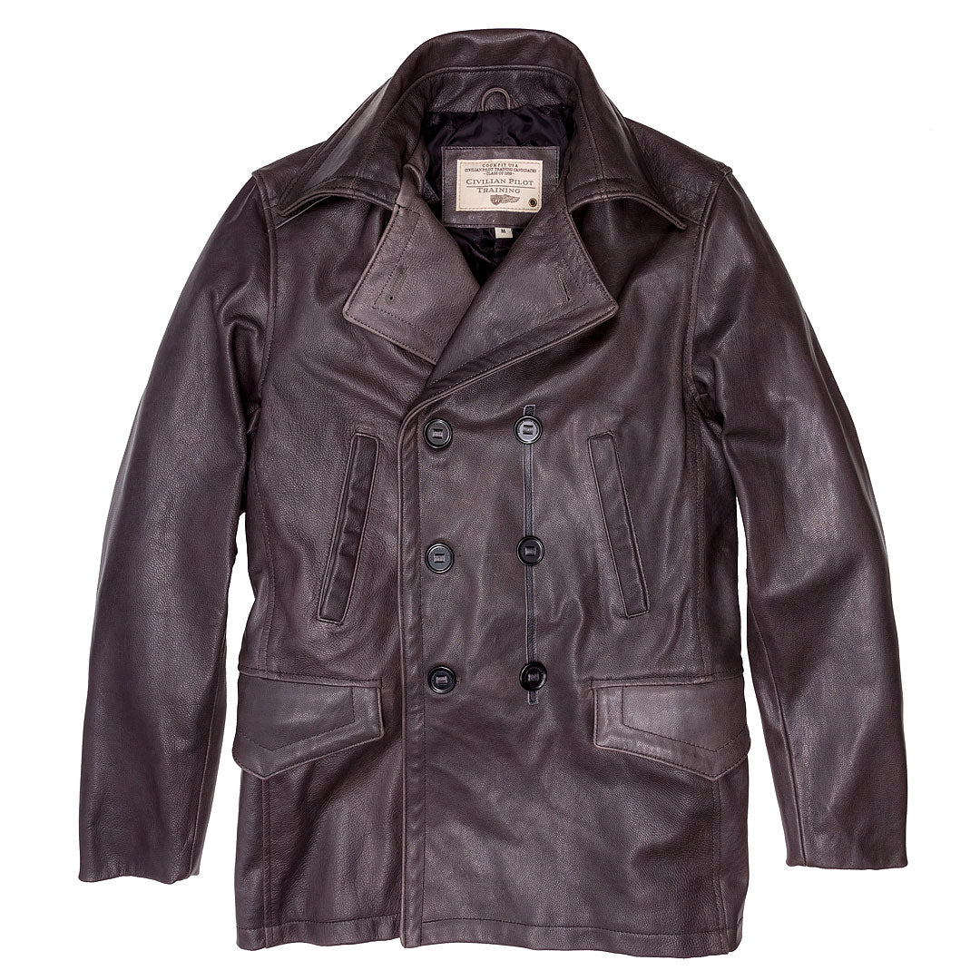 Vintage Leather Naval Officers Coat in Distressed Brown